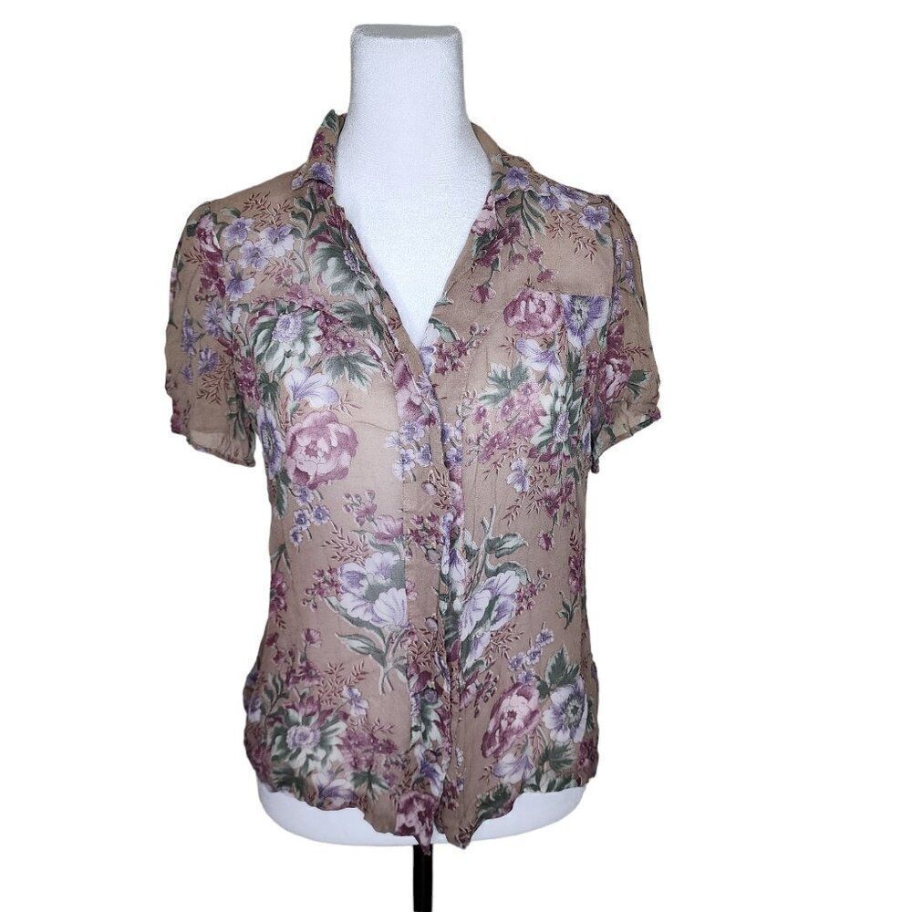 Vintage 80s Blouse Sheer Top Womens Size M Beige Purple Floral